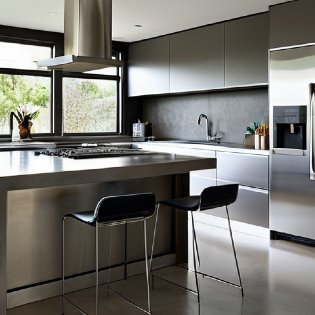 홈디자인 실무에서 자주 사용하는 재료와 특징 - Modern Kitchen Elegance**
"A bright, modern kitchen featuring stainless steel appliances and a conc...
