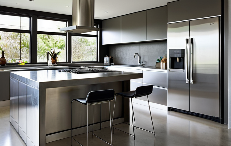 홈디자인 실무에서 자주 사용하는 재료와 특징 - Modern Kitchen Elegance**
"A bright, modern kitchen featuring stainless steel appliances and a conc...